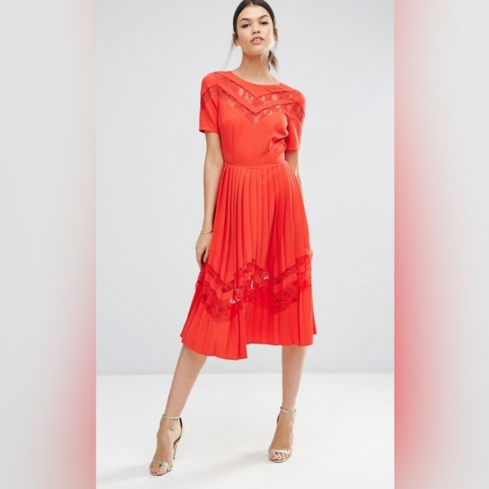 Asos Premium Pleated Midi Dress With Lace Inserts Red Size 10